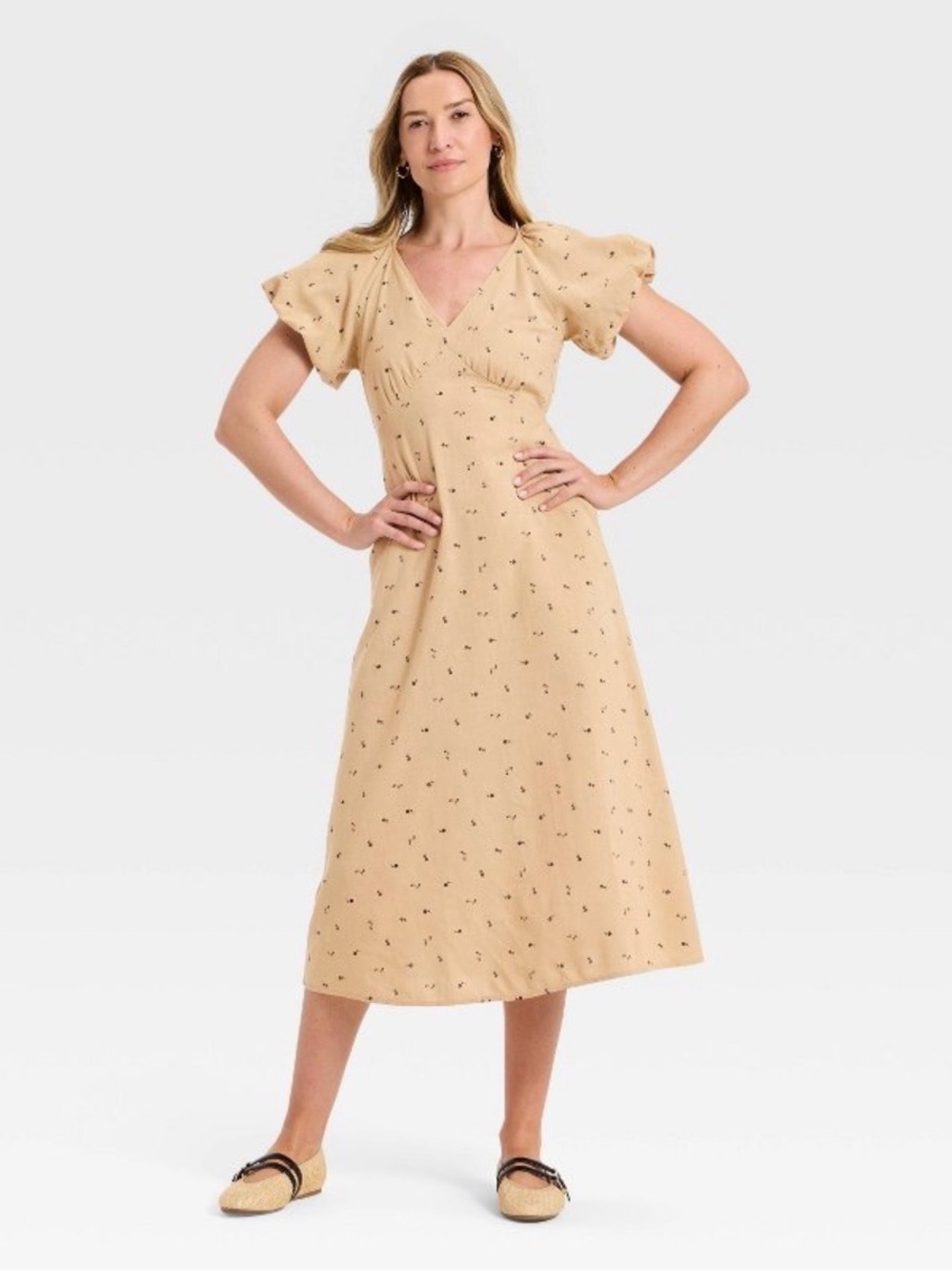 Universal Thread Woman’s Puff Short Sleeve Midi Sundress Tan Floral XS
